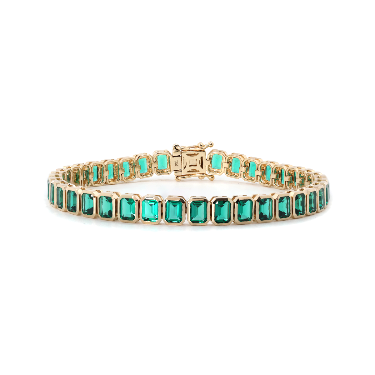 14K Yellow Gold Emerald Cut Lab Zambian Emerald Bezel Tennis Bracelet