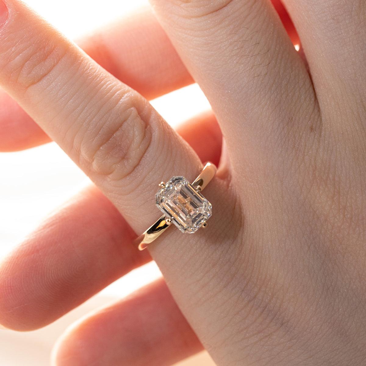 14K Yellow Gold 2 Carat Solitaire Diamond Ring with Emerald Cut Lab Diamond and Floral Prong Setting