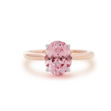 14K Rose Gold Oval Pink Lab Corundum Solitaire Ring in 4 White Gold Round Prong Cathedral Setting Design