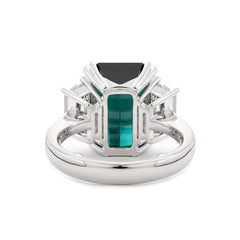 Platinum 9.4ct Verdelite Green Tourmaline Three-stone Ring with Step Cut Trapezoid Lab Diamond Side-stones