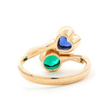 14K Yellow Gold Heart Lab Sapphire and Round Zambian Lab Emerald Toi et Moi Ring with Twist Band