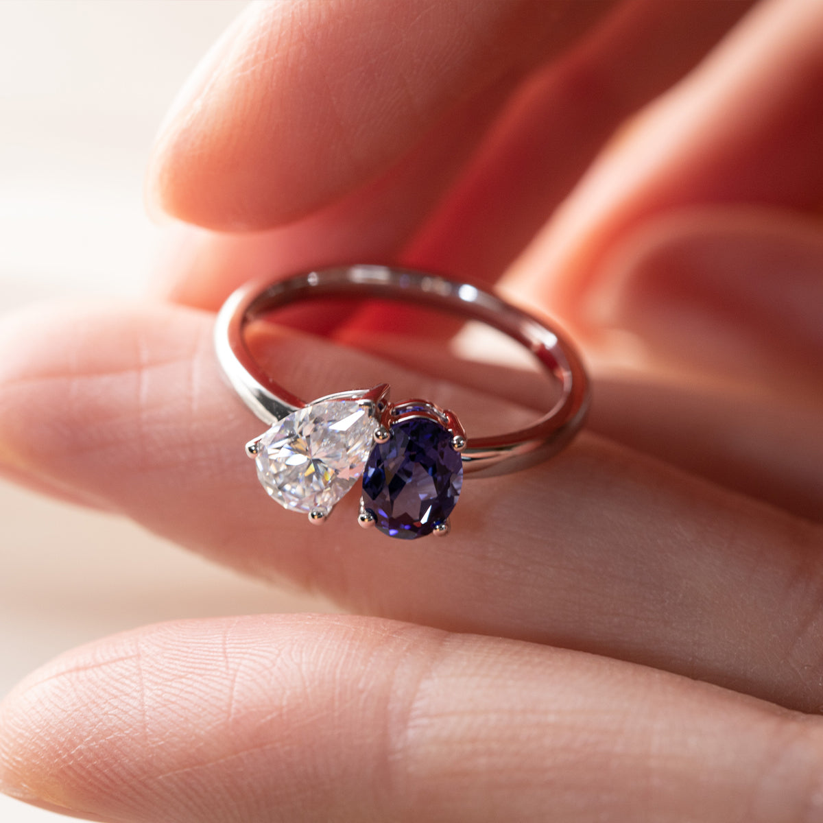 14K Yellow Gold Oval Cut Lab Sapphire and Pear Shaped Lab Diamond Toi et Moi Ring 18K White Gold 1ct oval cut lab sapphire & 1ct pear cut lab diamond GH VS