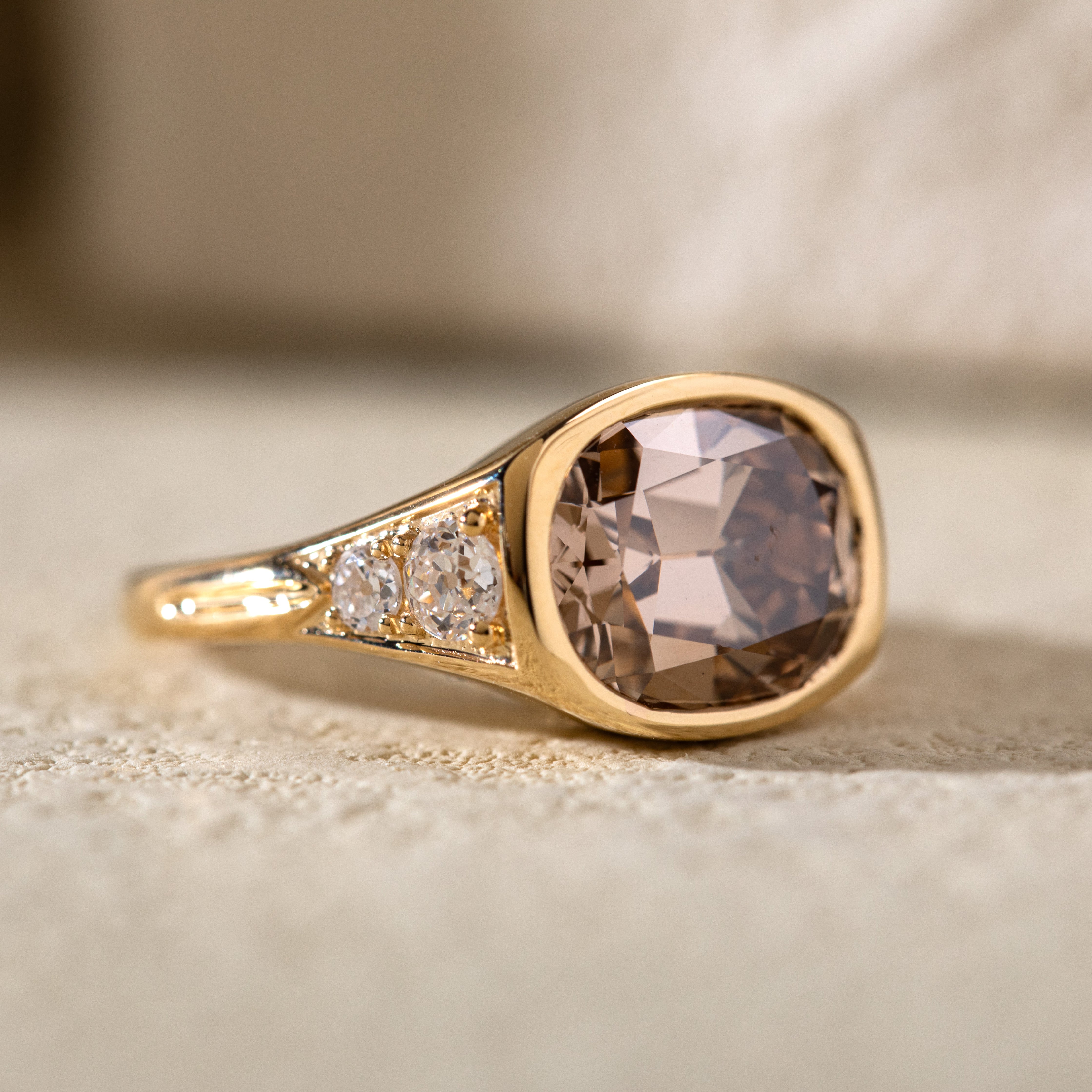 18K Yellow Gold Vintage Ring with 4.51ct Elongated Old Mine Cut Brown Lab Diamond and Old European Side Stones