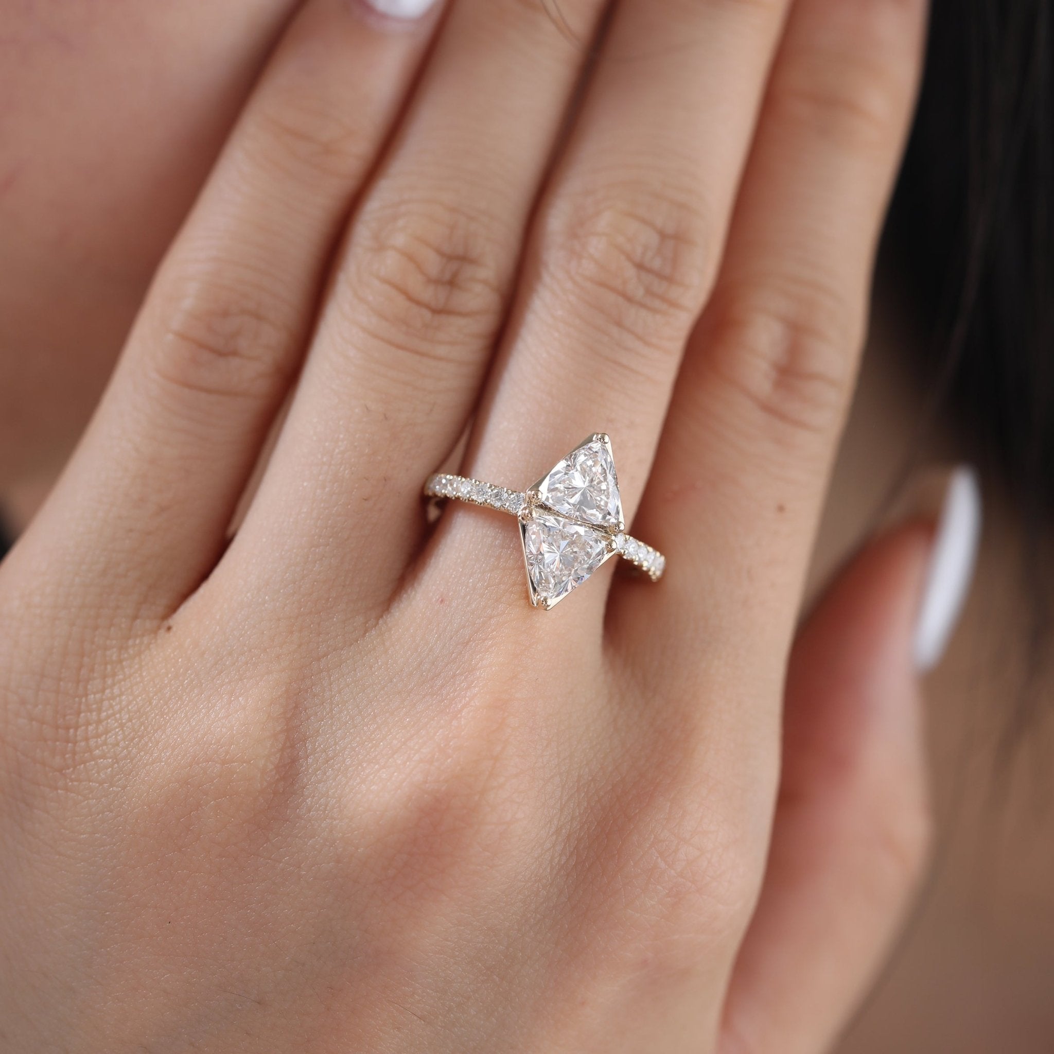 7mm Trillion Cut Lab Diamond Toi et Moi Ring with Half Eternity Pave - MMR