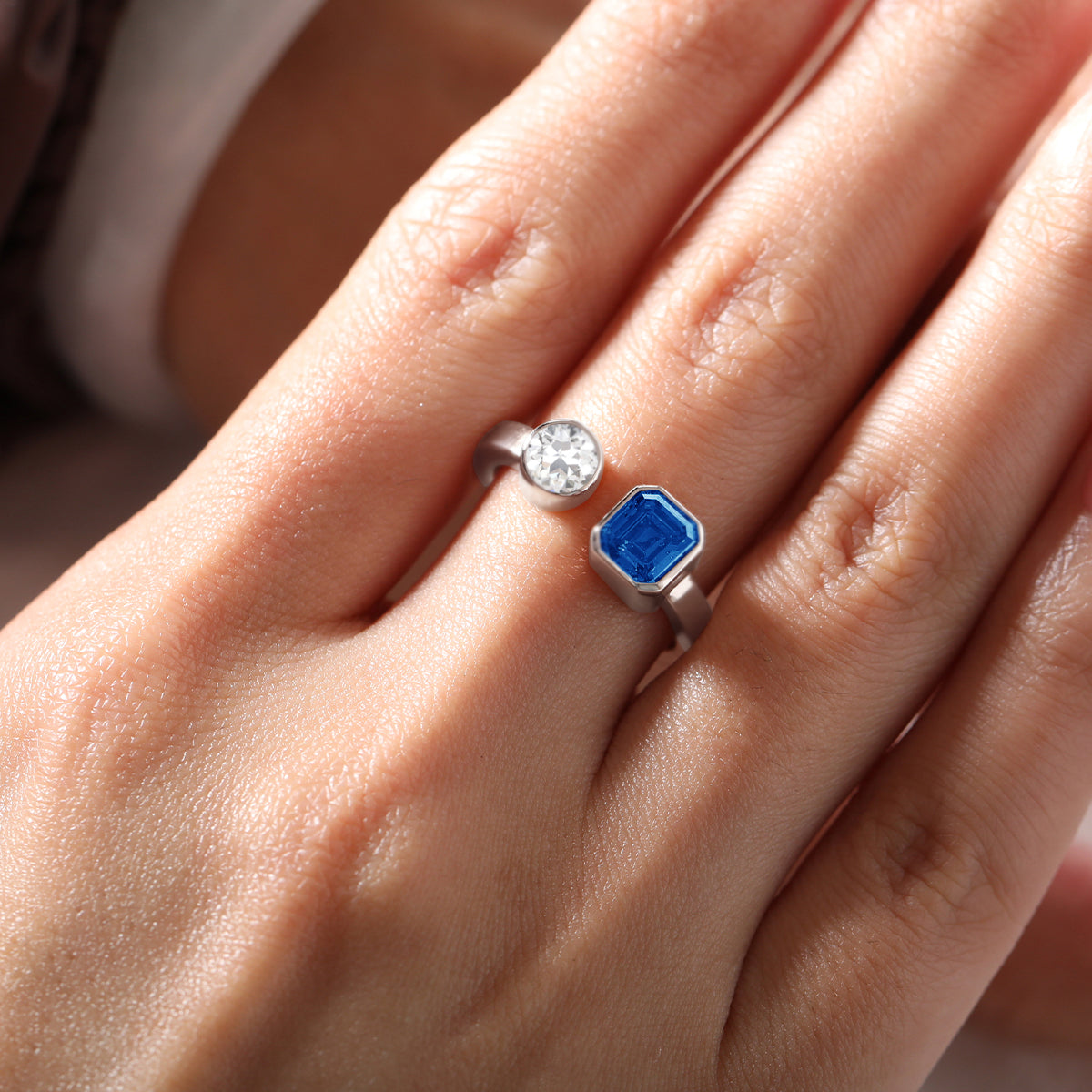 14K Rose Gold Emerald Cut Lab Sapphire and Old European Cut Lab Diamond Toi et Moi Ring 18K White Gold