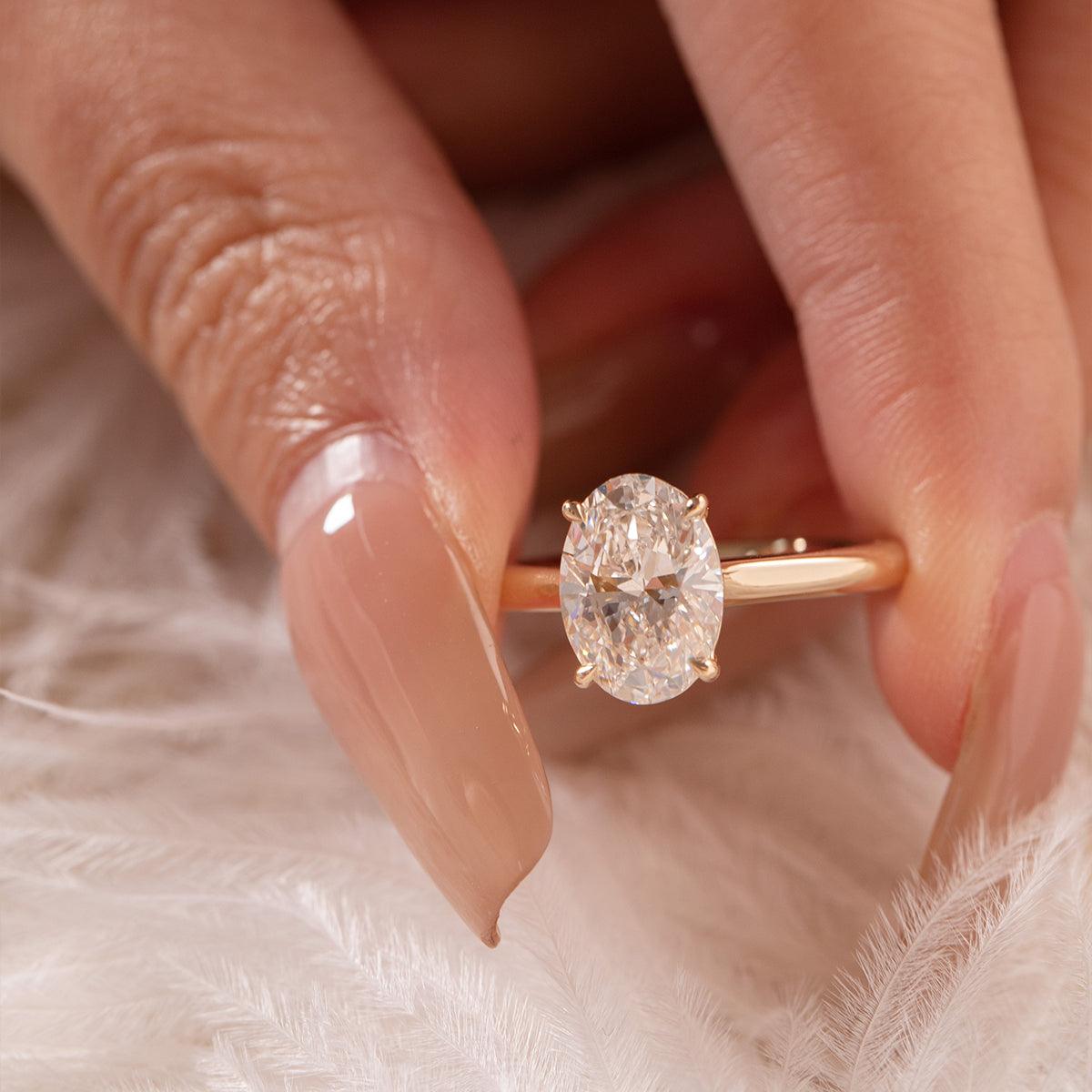 14K Yellow Gold 2 Carat Solitaire Diamond Ring with Oval Cut Lab Diamond Cathedral Setting