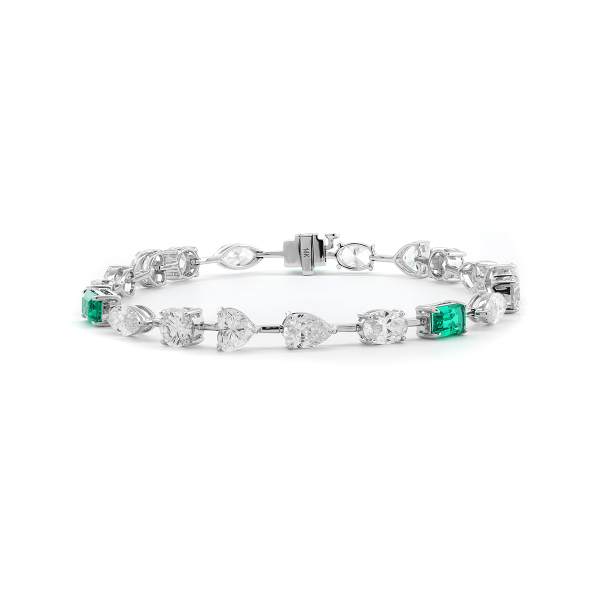 14K White Gold 10 ct tw 6 Shapes Lab Diamond & Lab Emerald Tennis Bracelet