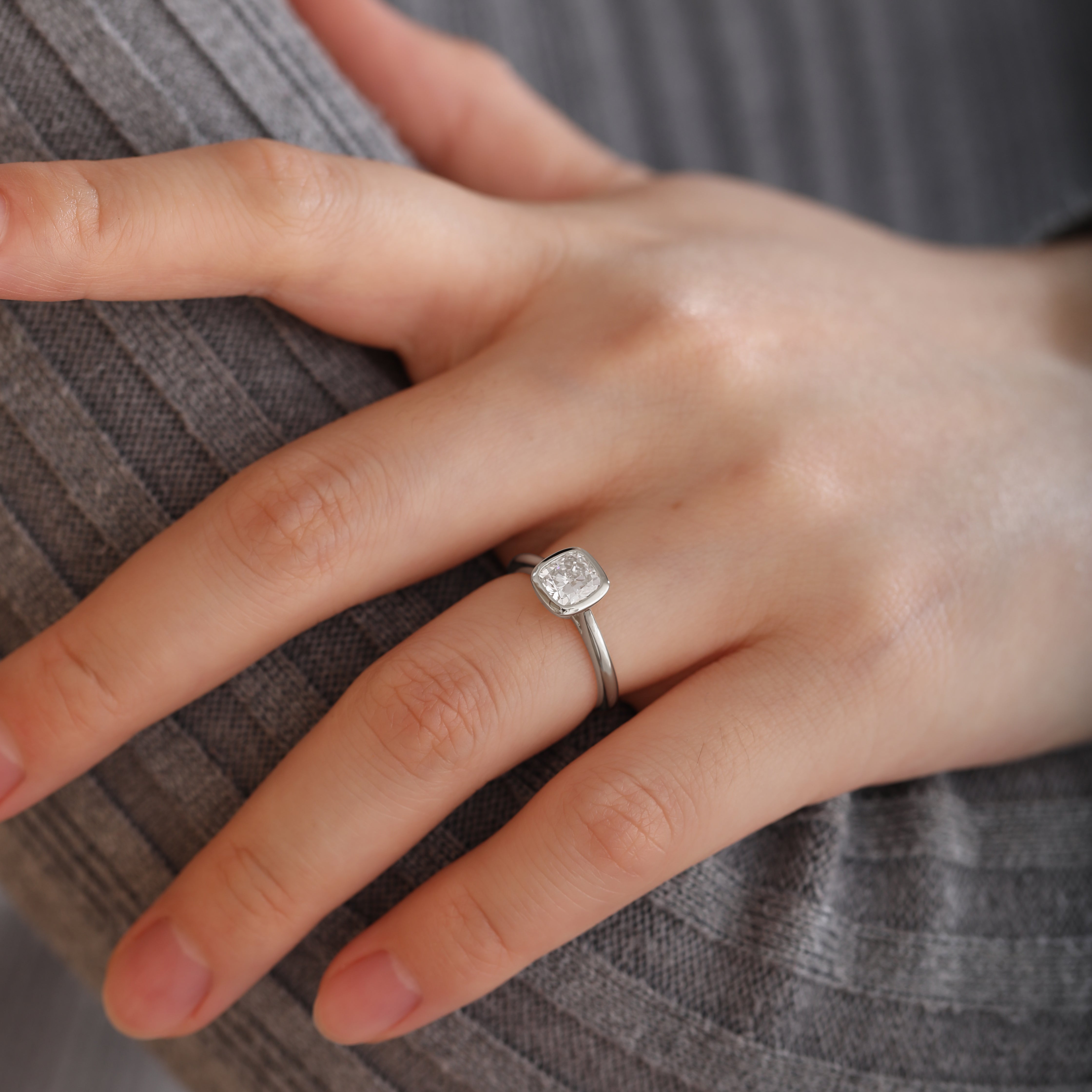 14K Yellow Gold 1ct Cushion Cut Lab Diamond Bezel Cathedral Setting Tapered Band Pinky Ring 18K White Gold