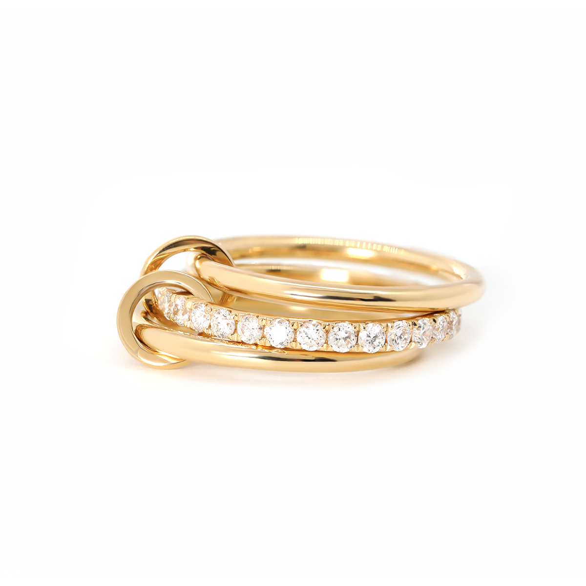 18K Yellow Gold Triple Link Stacking Ring with Round Lab Diamond Pave