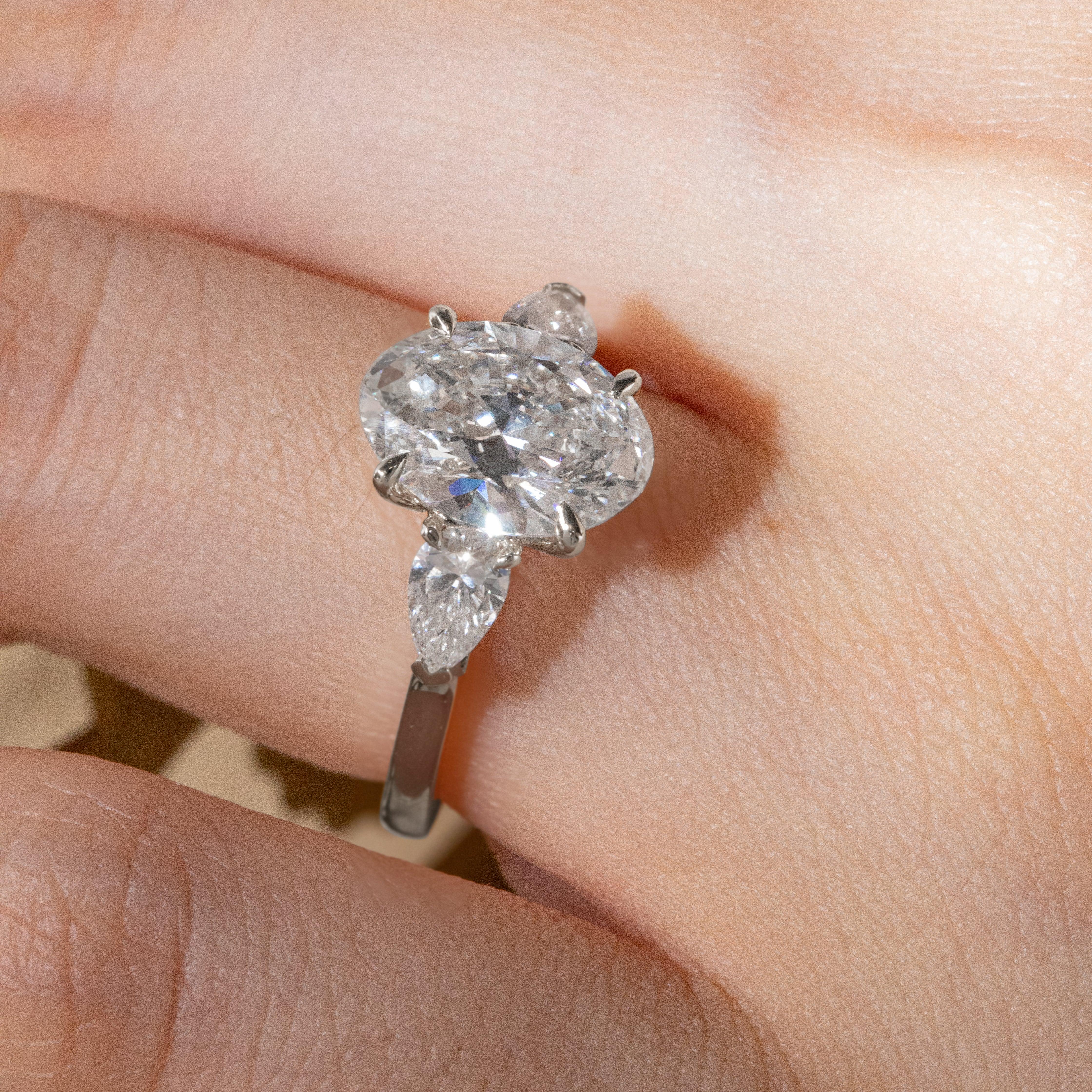 14K Yellow Gold Oval Cut Lab Diamond Three Stone Ring 18K White Gold