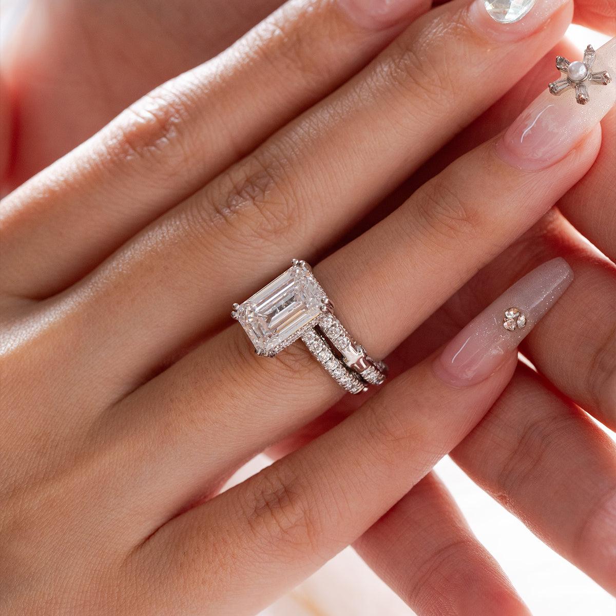 14K Yellow Gold 4ct Emerald Cut Lab Diamond Hidden Halo Victorian Antique Bridal Set Rings 18K White Gold