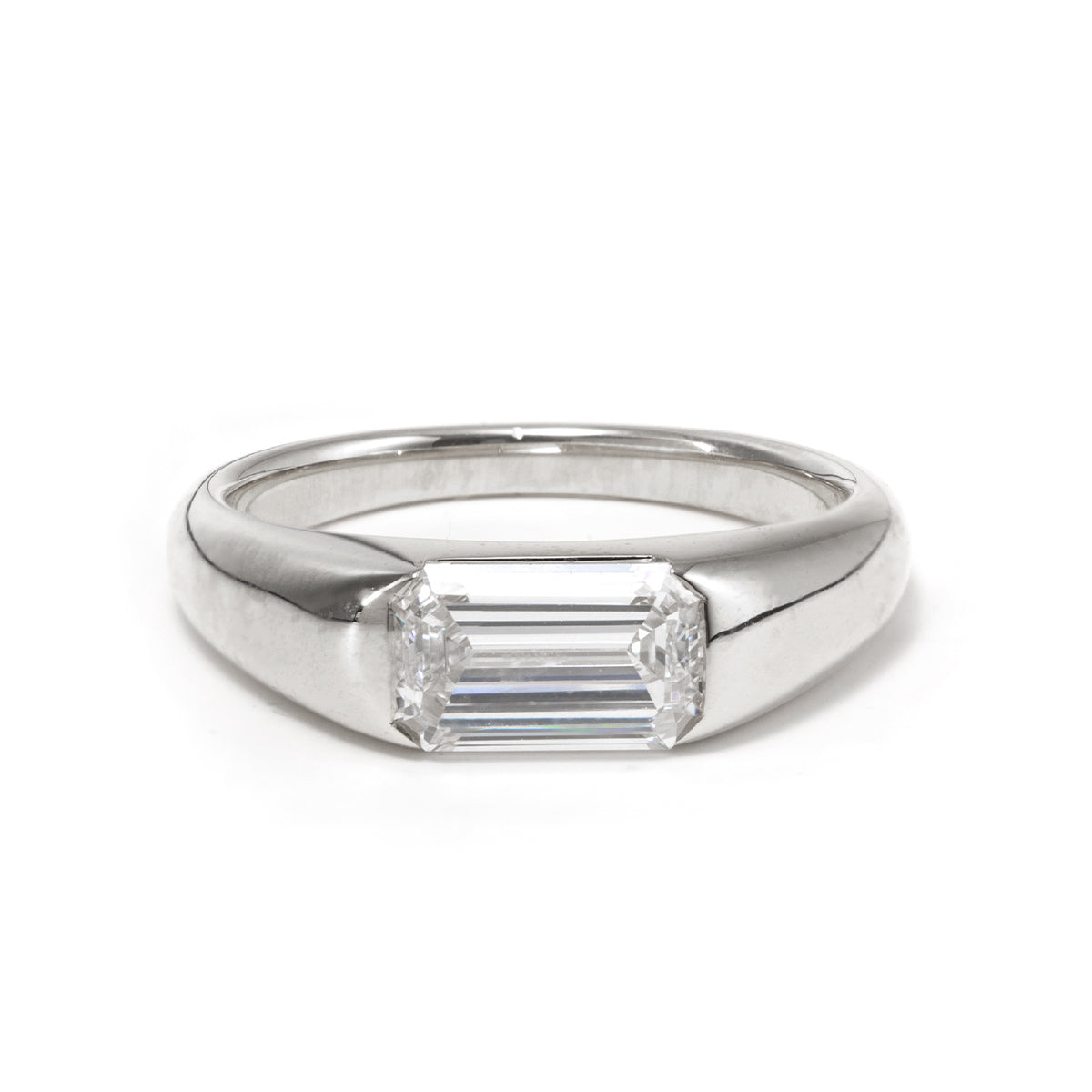 14K White Gold 1ct Emerald Cut Lab Diamond Half Bezel Ring with Tapered Band Design