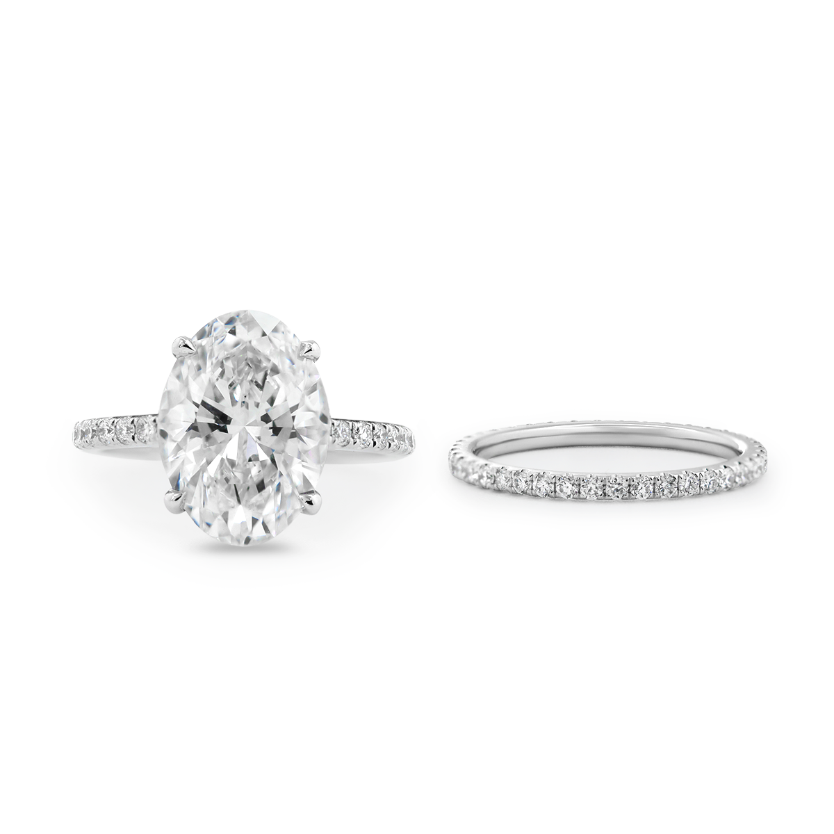 14K White Gold 4ct Oval Cut Lab Diamond Hidden Halo Bridal Set Rings with 3/4 Circle of Round Lab Diamond Pave