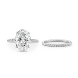14K White Gold 4ct Oval Cut Lab Diamond Hidden Halo Bridal Set Rings with 3/4 Circle of Round Lab Diamond Pave