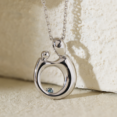14K White Gold Mother and Child Pendant Necklace with Blue Round Lab Diamond