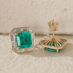 Asshcer Cut Colombian Lab Emerald Halo Stud Earrings