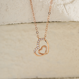 14K Rose Gold Round Lab Dimaond Pave Toi et Moi Heart Shape Pendant Necklace
