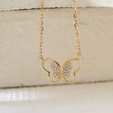 14K Yellow Gold Round Lab Diamond Pave Butterfly Pendant Necklace