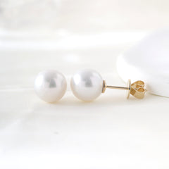 14K Yellow Gold 9.5mm Fresh Water Pearl Stud Earrings with Push Backs