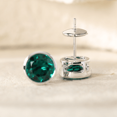 Round Zambian Lab Emerald Bezel Stud Earrings