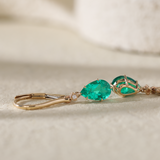 14K Yellow Gold Pear Cut Colombian Lab Emerald Basket Setting Hoop Earrings with Leverback