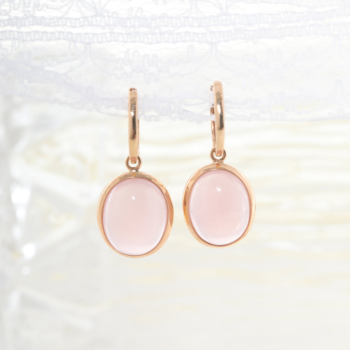 18K Yellow Gold 13 ctw Cabochon Rose Quartz Dangle Earrings