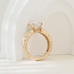 14K Yellow Gold 3CT Cushion Old Mine Cut Lab Diamond Wide Band Design Ring Paired with Turquoise