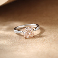 2.19ct Cushion Cut Lab Pink Diamond 4 Claw Prongs Basket Engagement Pave Ring with Hidden Halo