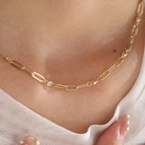 14K Yellow Gold Round Lab Diamond Cross Squashed Chain Station Necklace