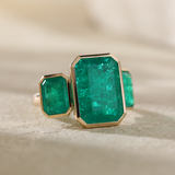 14K Yellow Gold 10.5 ct tw Emerald Cut Colombian Lab Emerald Bezel Setting Three-stone Ring