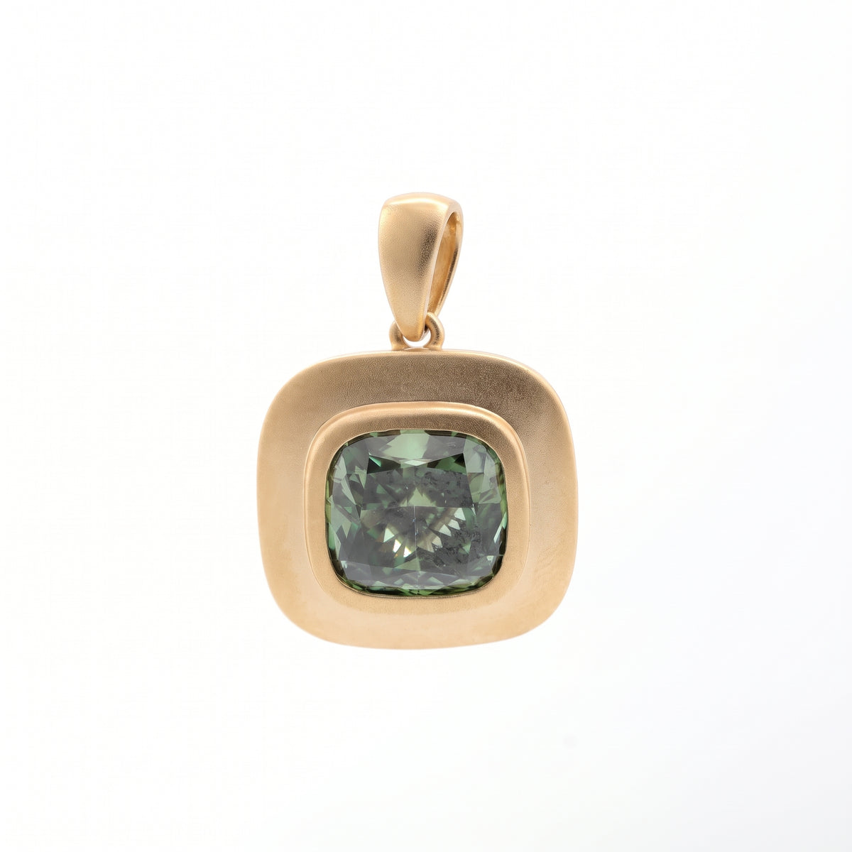 14K Yellow Gold 2.33CT Green Square Cushion Cut Diamond Bezel Set Pendant