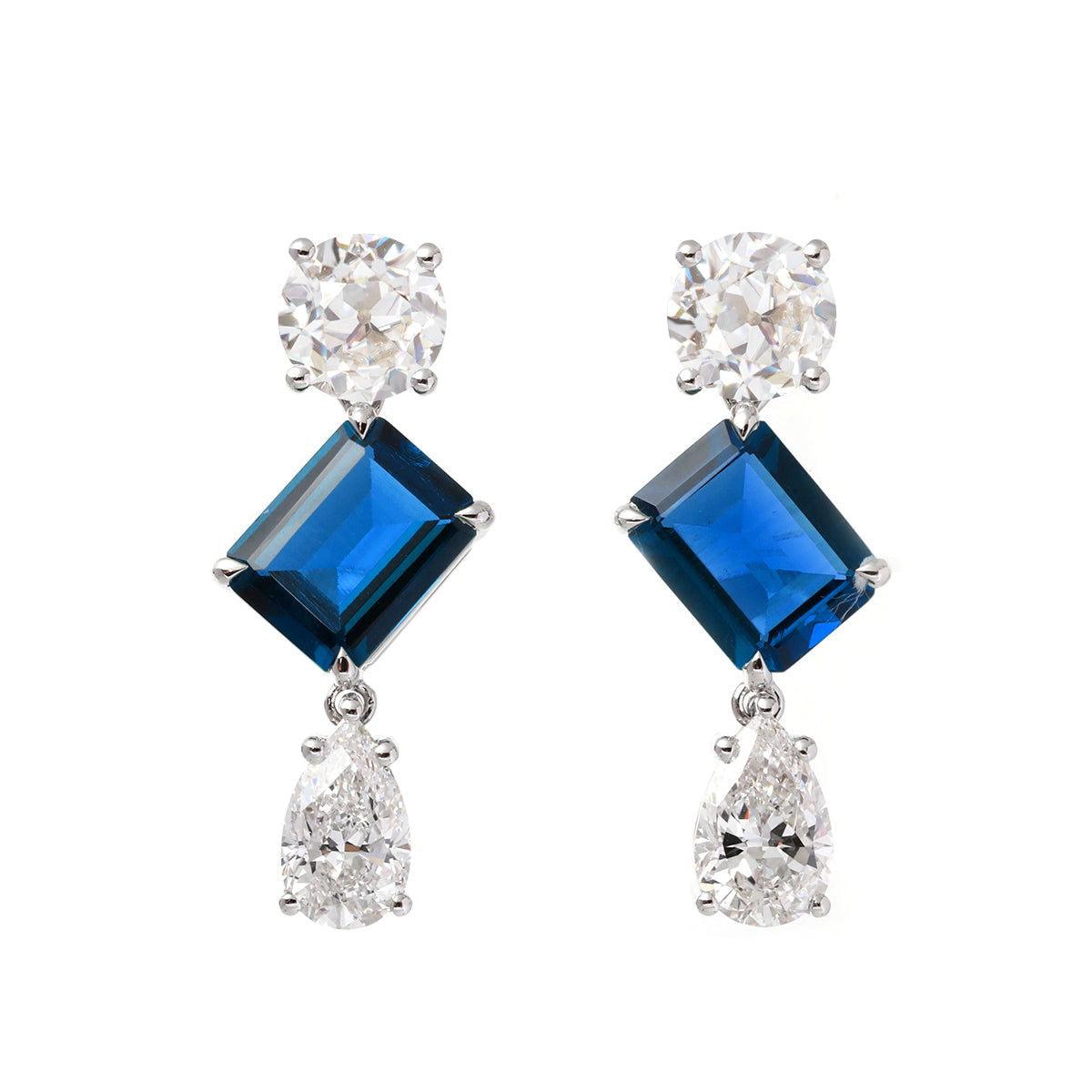 Platinum 7ct tw Old European Cut & Pear Lab Diamond Emerald Cut Sapphire Stud Earrings
