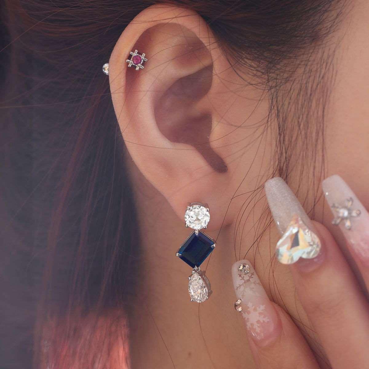 Platinum 7ct tw Old European Cut & Pear Lab Diamond Emerald Cut Sapphire Stud Earrings