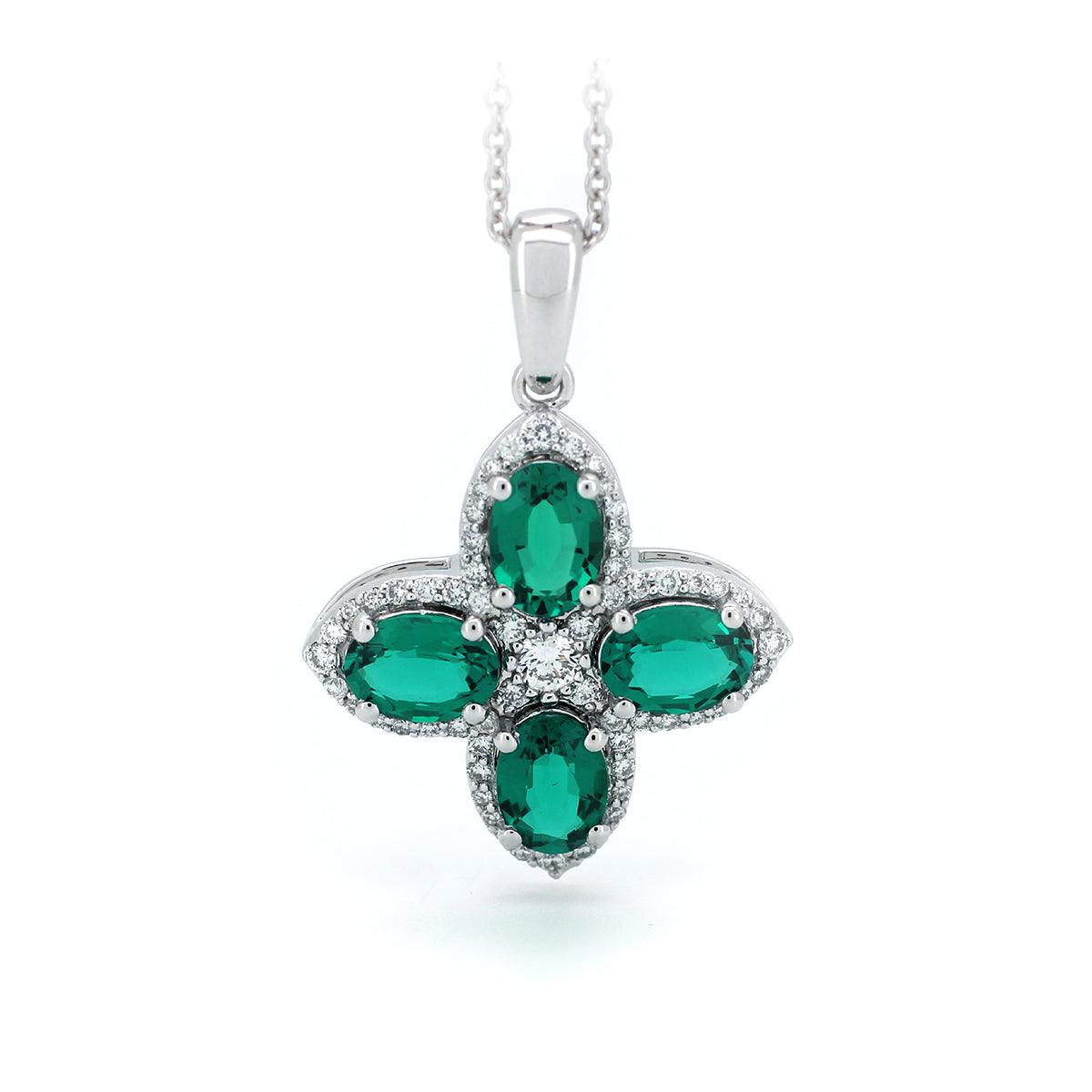 Platinum Oval Cut Lab Colombian Emerald Four-leaf Clover Lab Diamond Halo Necklace