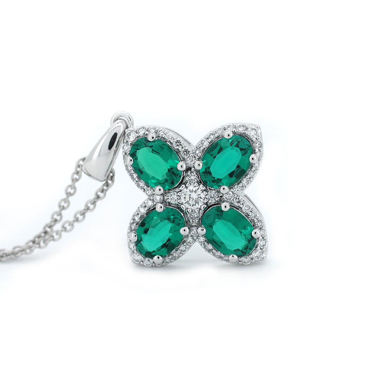 Platinum Oval Cut Lab Colombian Emerald Four-leaf Clover Lab Diamond Halo Necklace
