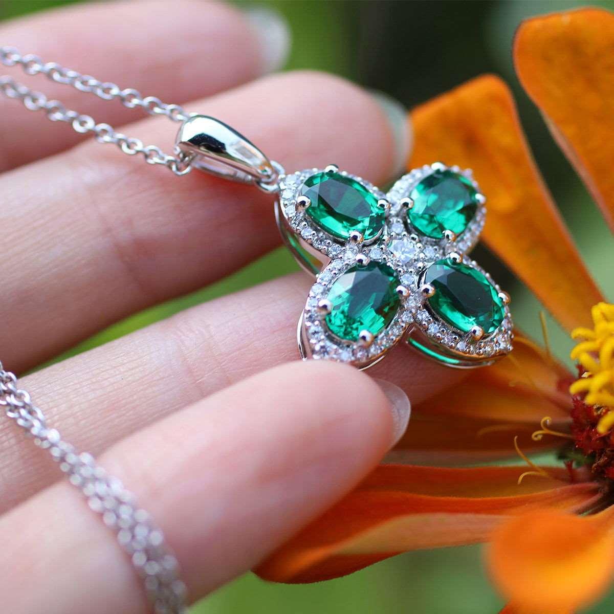 Platinum Oval Cut Lab Colombian Emerald Four-leaf Clover Lab Diamond Halo Necklace