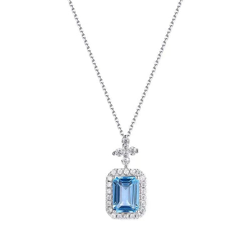 Aquamarine Emerald Cut With Lab Diamonds Halo Pendant Necklace