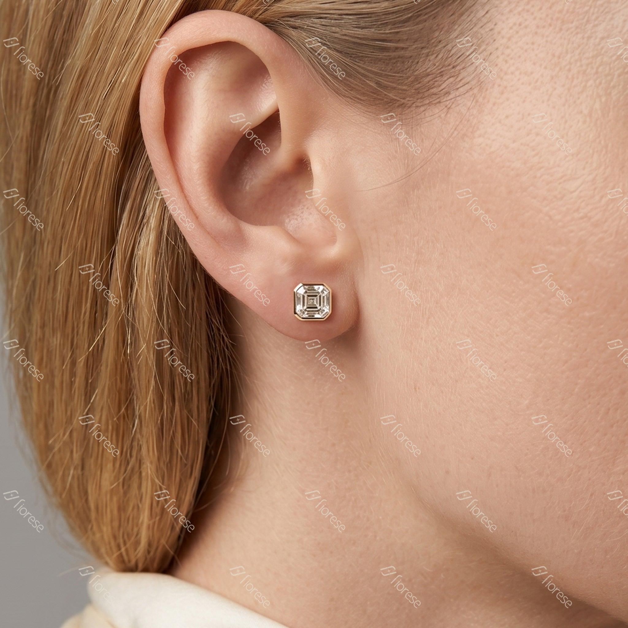 Asscher Cut Bezel Set Stud Earrings - MMR
