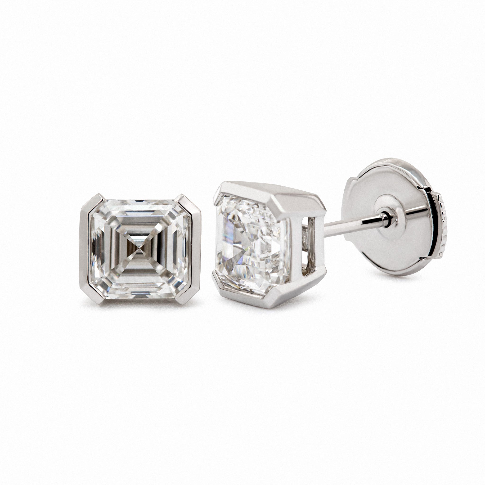 Asscher Lab Diamond Half Bezel Basket Setting Stud Earrings - MMR