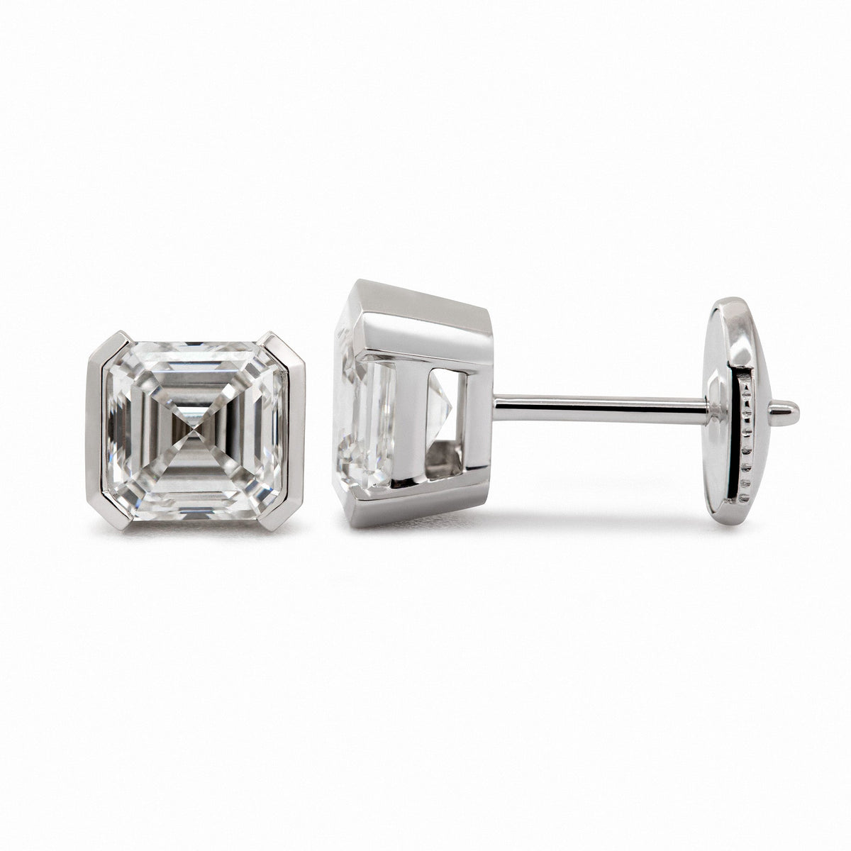 Asscher Lab Diamond Half Bezel Basket Setting Stud Earrings - MMR