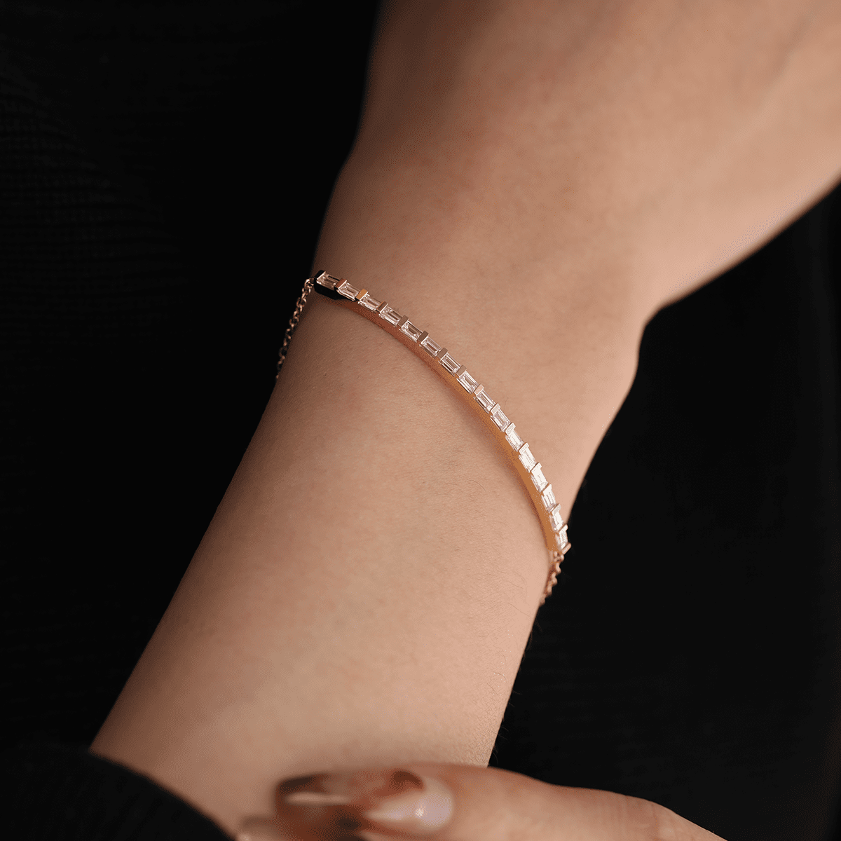 Baguette Cut Lab Diamond Half - Bezel Bangle - to - Chain Bracelet - MMR