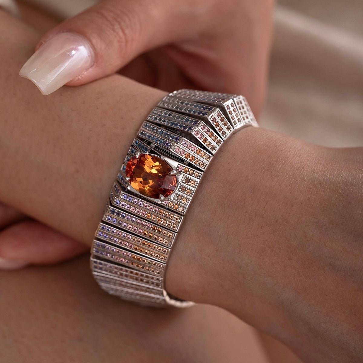 Colored Lab Gemstone Bracelet with 10×14mm Oval Lab Orange Sapphire - MMR