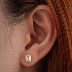Emerald Cut Lab Diamond Bezel Basket Setting Stud Earrings - MMR