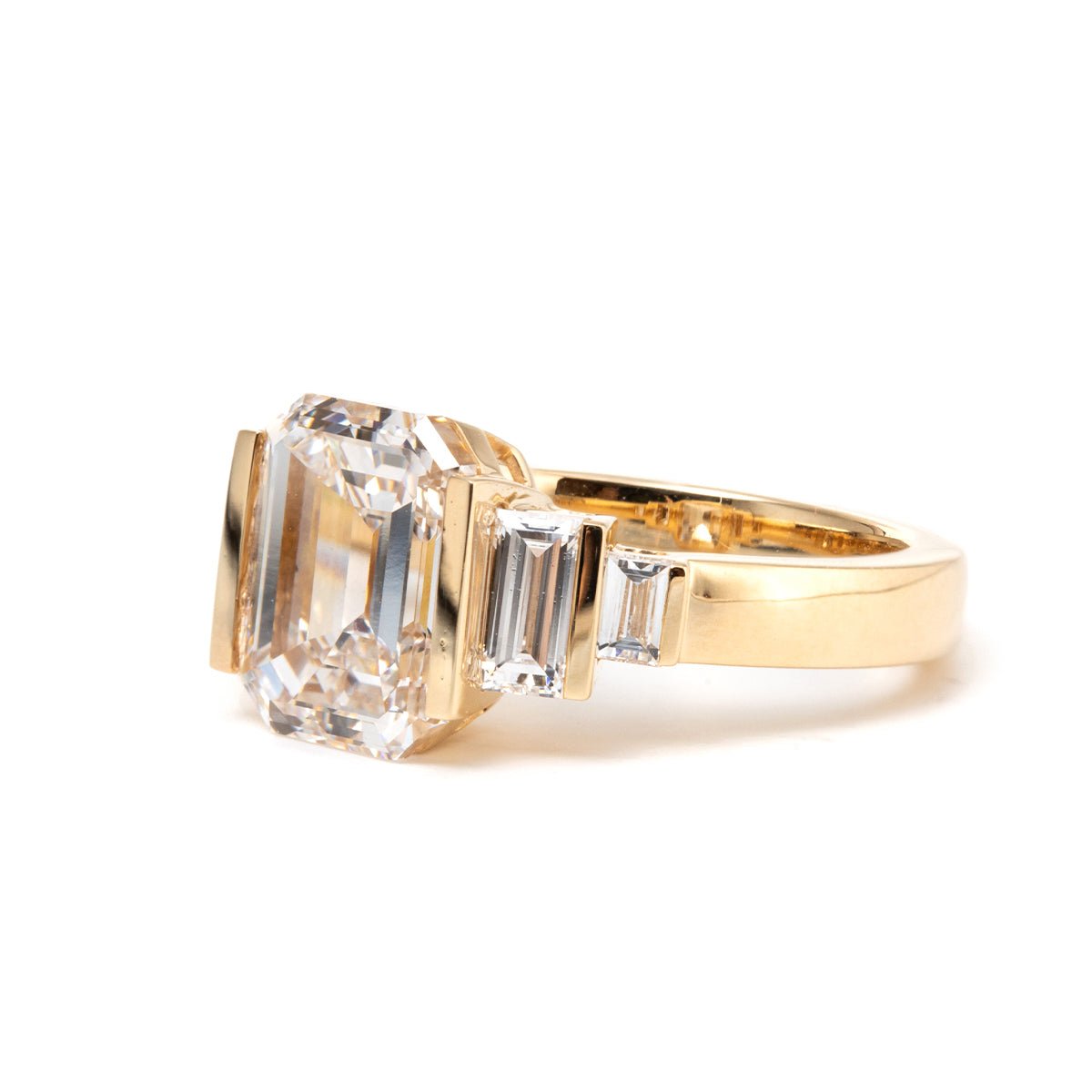 Emerald Cut Lab Diamond Half - Bezel Five - Stone Ring with Baguette Side Stones - MMR