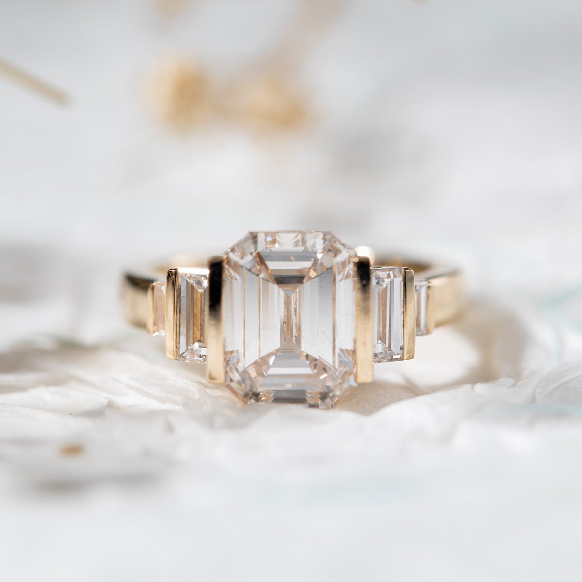 Emerald Cut Lab Diamond Half - Bezel Five - Stone Ring with Baguette Side Stones - MMR