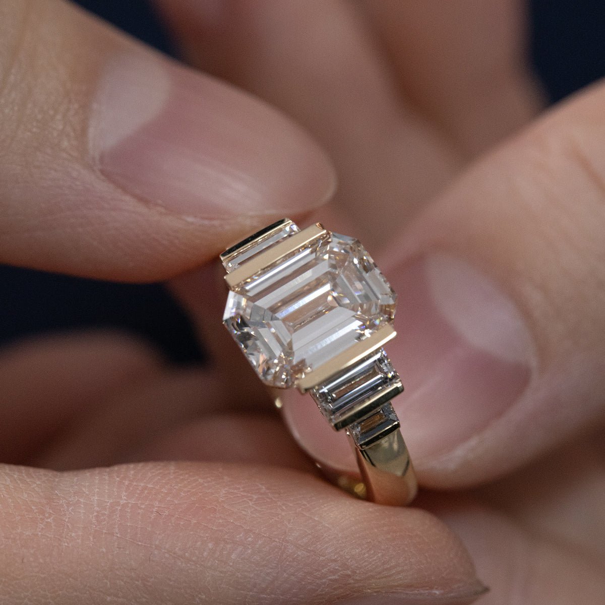 Emerald Cut Lab Diamond Half - Bezel Five - Stone Ring with Baguette Side Stones - MMR