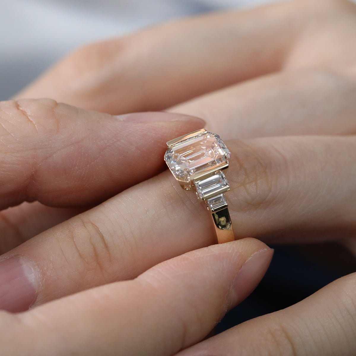 Emerald Cut Lab Diamond Half - Bezel Five - Stone Ring with Baguette Side Stones - MMR