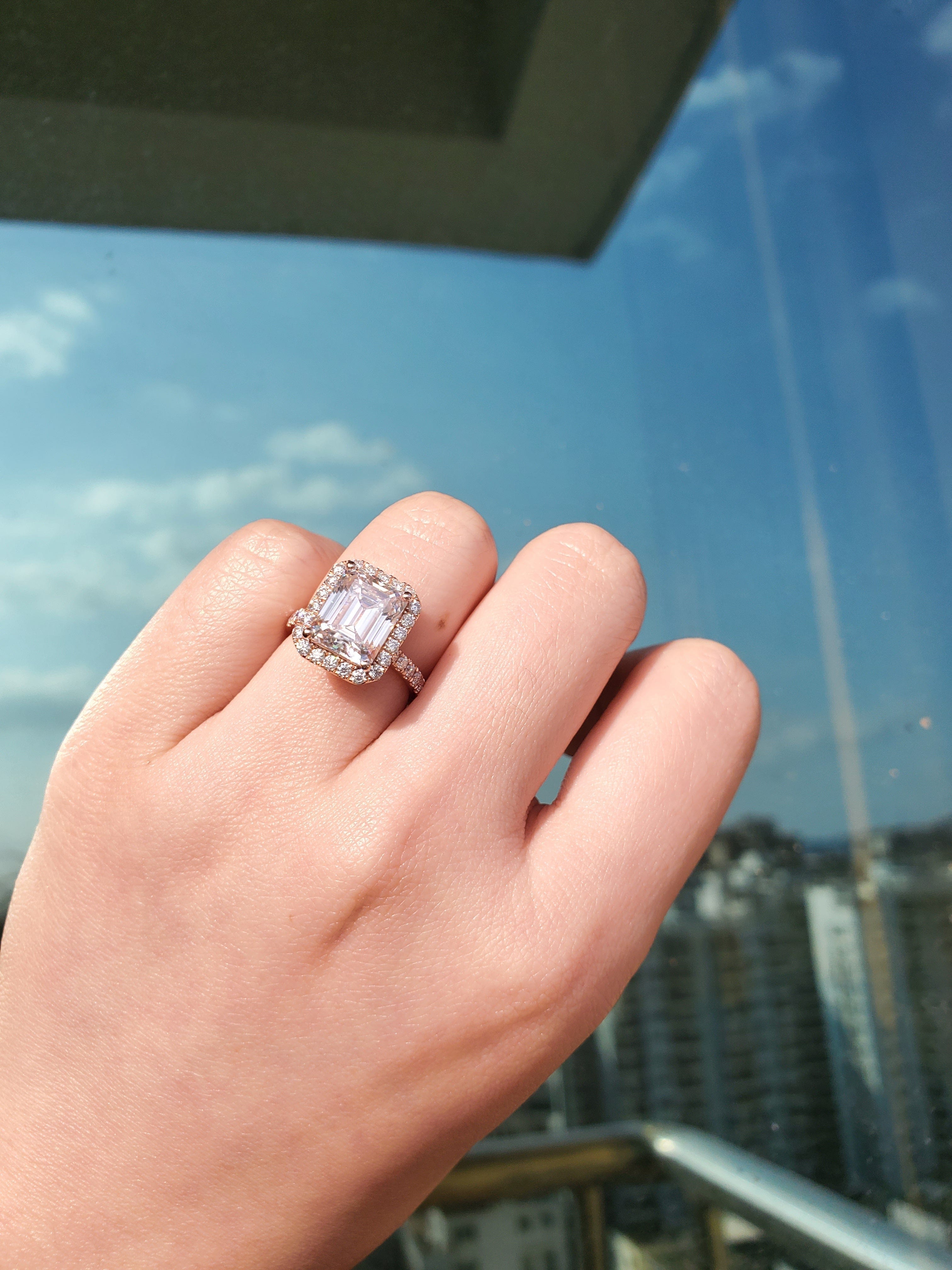 Emerald Cut Moissanite Halo Engagement Ring