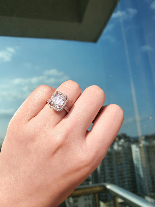 Emerald Cut Moissanite Halo Engagement Ring