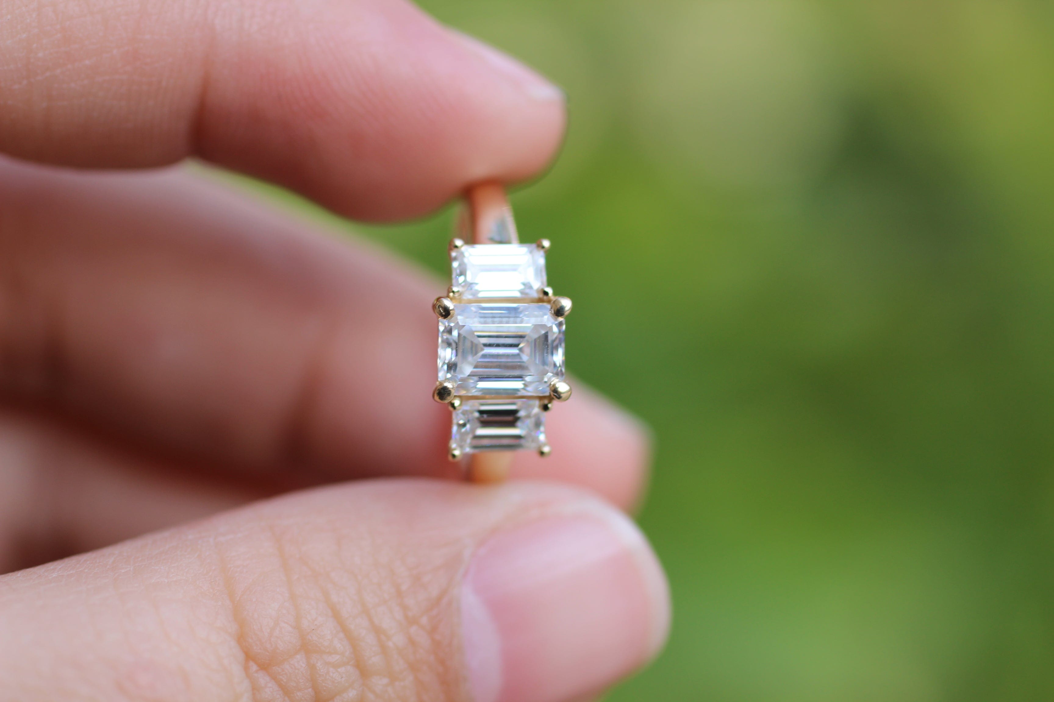 Emerald Cut Moissanite Three Stones Engagement Ring